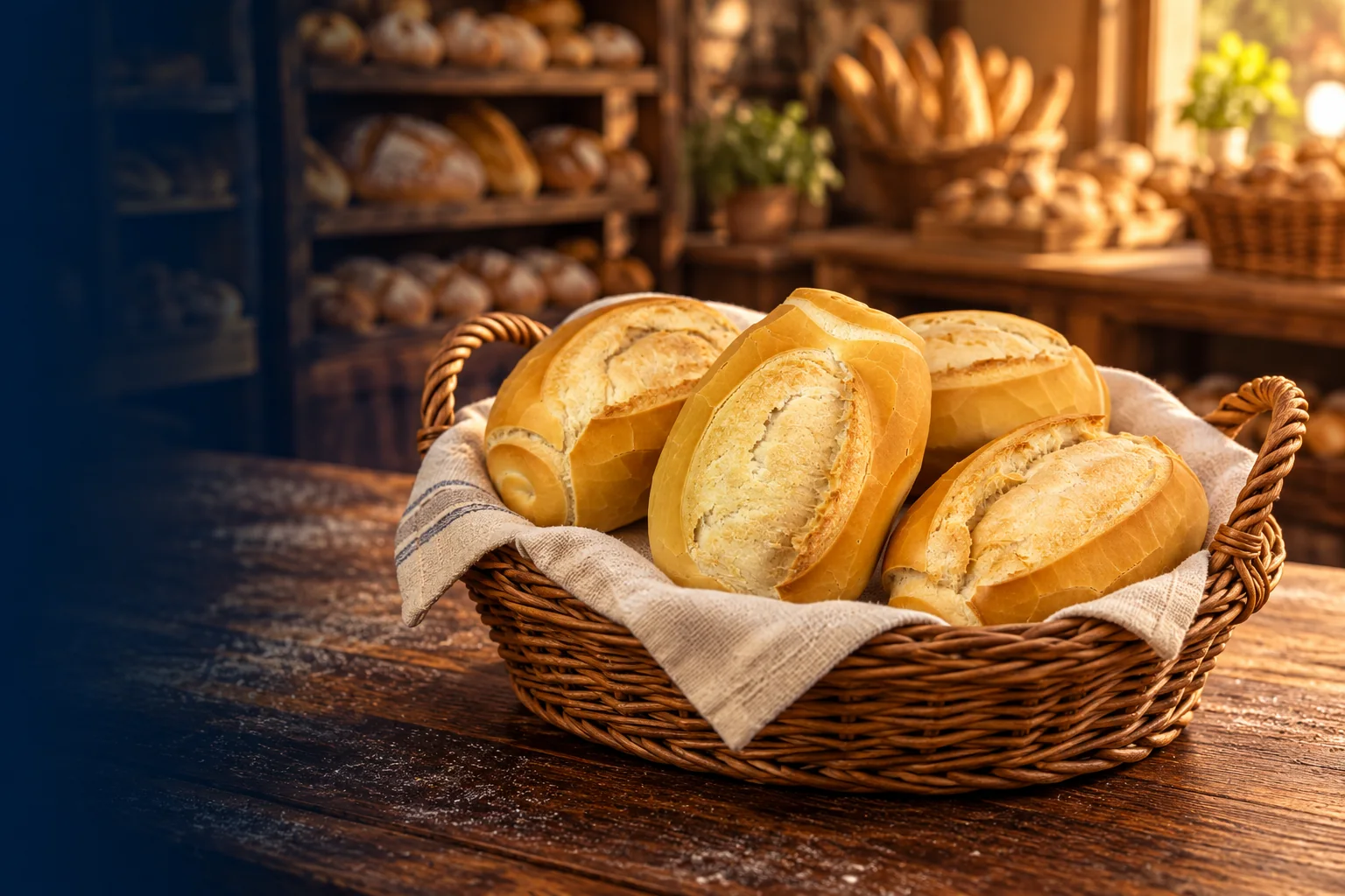Pães franceses em um cesto artesanal, com uma padaria ao fundo